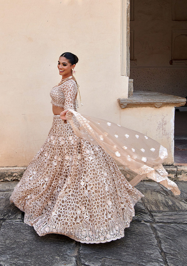 Beige Sequins Net Readymade Lehenga