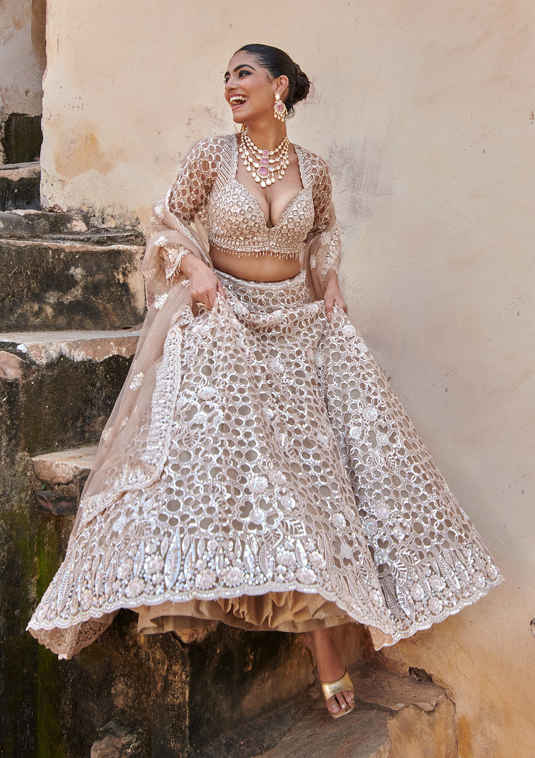 Beige Sequins Net Readymade Lehenga