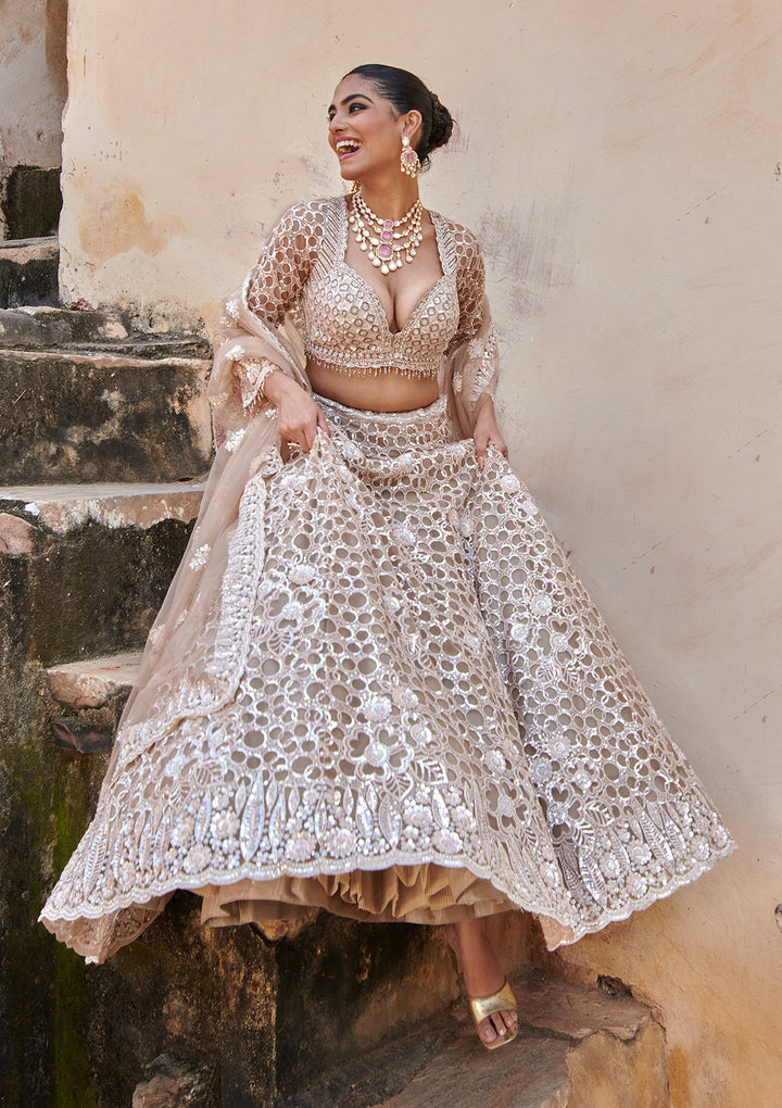 Beige Sequins Net Readymade Lehenga