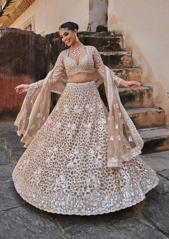 Beige Sequins Net Readymade Lehenga
