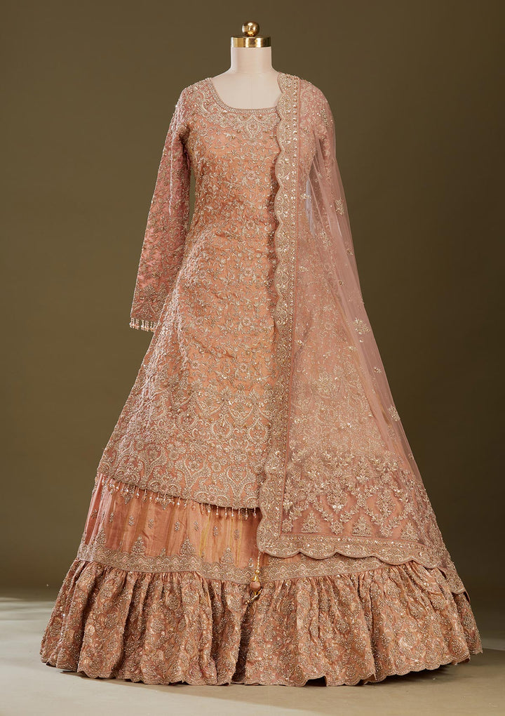 Peach Stonework (Gold) Tissue Readymade Lehenga