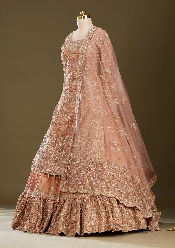 Peach Stonework (Gold) Tissue Readymade Lehenga