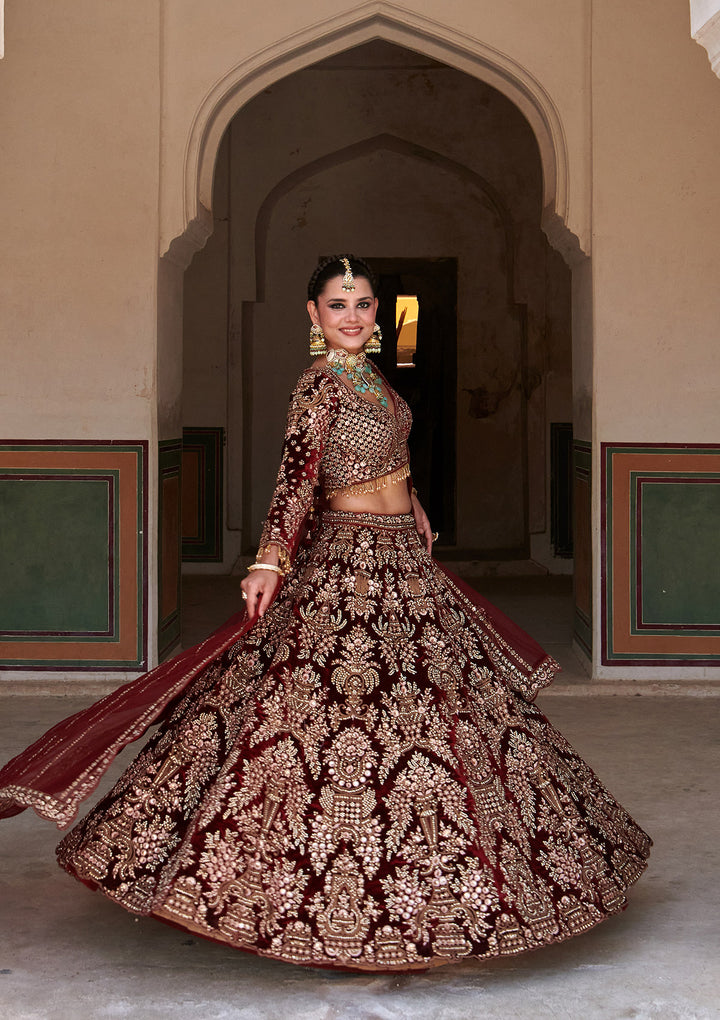 Maroon Cording Velvet Readymade Lehenga