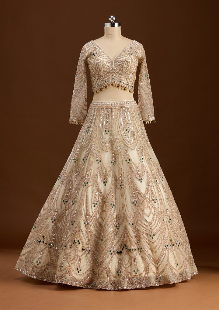 Off White Cording Net Readymade Lehenga