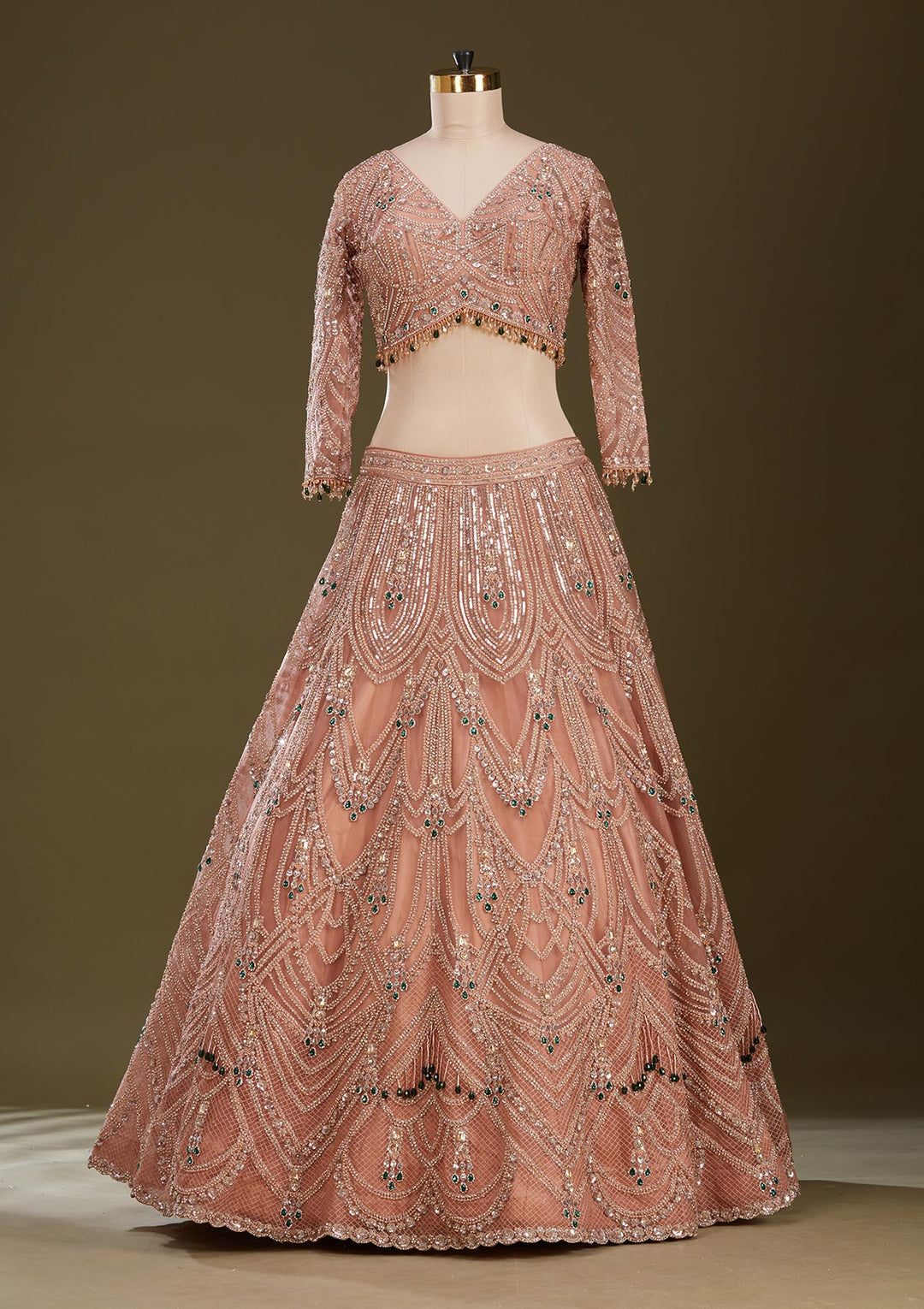 Peach Cording Net Readymade Lehenga