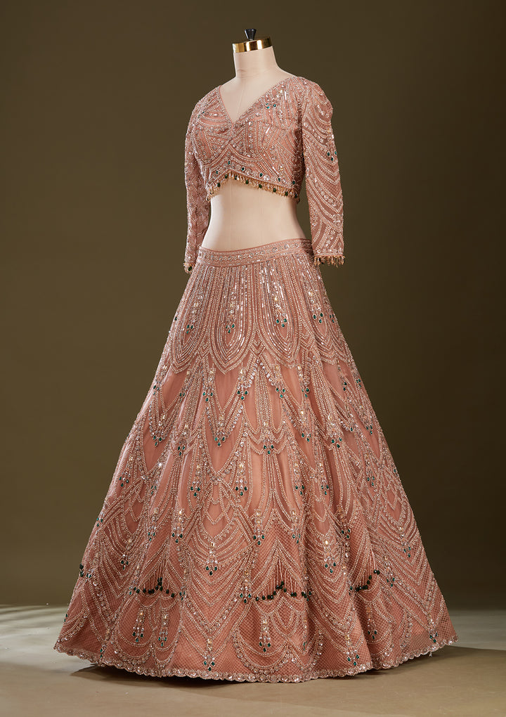 Peach Cording Net Readymade Lehenga
