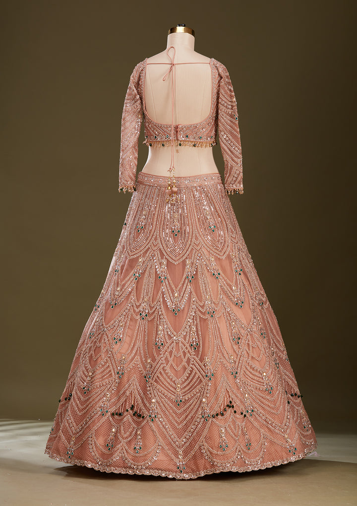 Peach Cording Net Readymade Lehenga