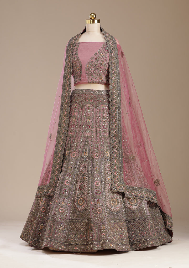 Pink Cording Net Semi-Stitched Lehenga