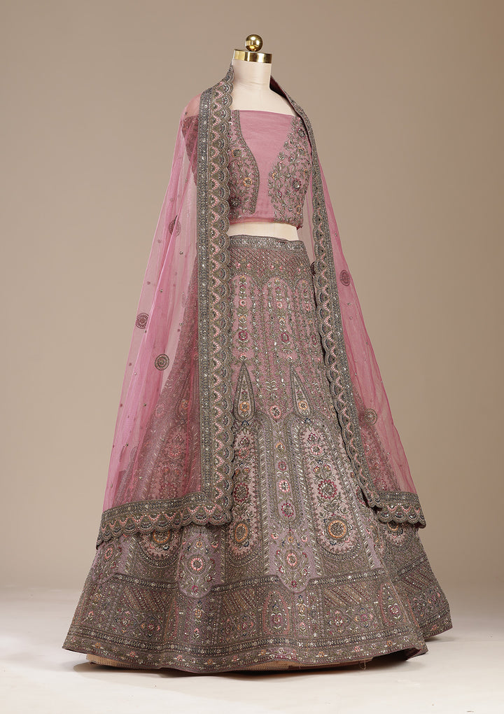 Pink Cording Net Semi-Stitched Lehenga
