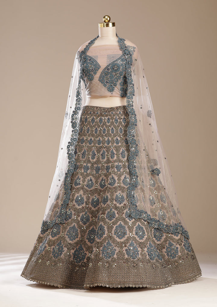 Beige Cording Net Semi-Stitched Lehenga