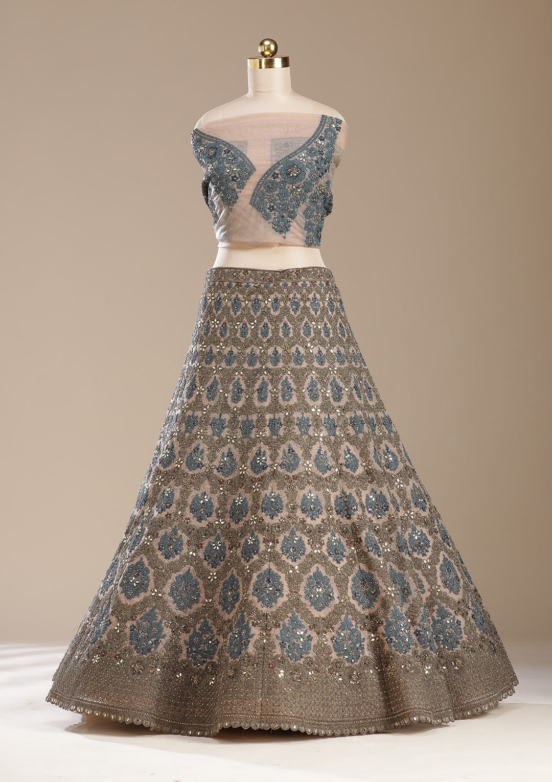 Beige Cording Net Semi-Stitched Lehenga