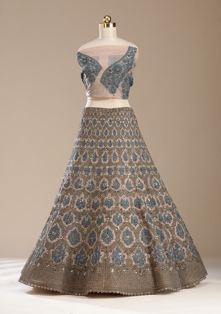 Beige Cording Net Semi-Stitched Lehenga