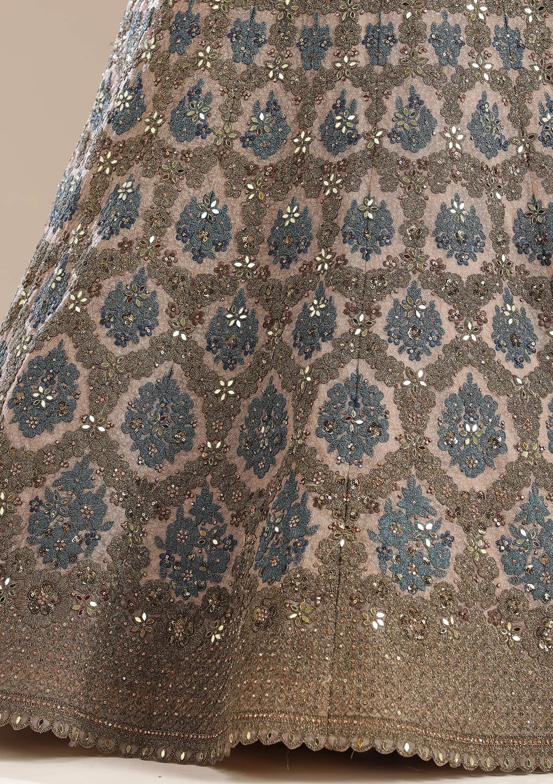 Beige Cording Net Semi-Stitched Lehenga