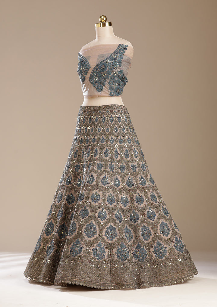 Beige Cording Net Semi-Stitched Lehenga