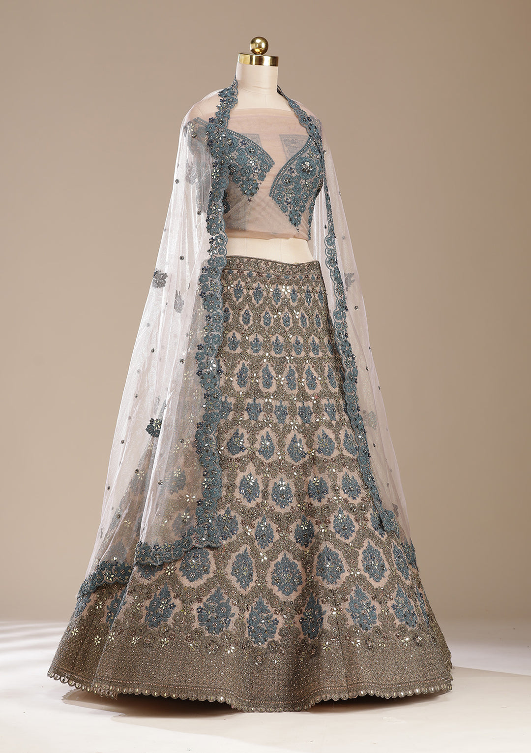 Beige Cording Net Semi-Stitched Lehenga