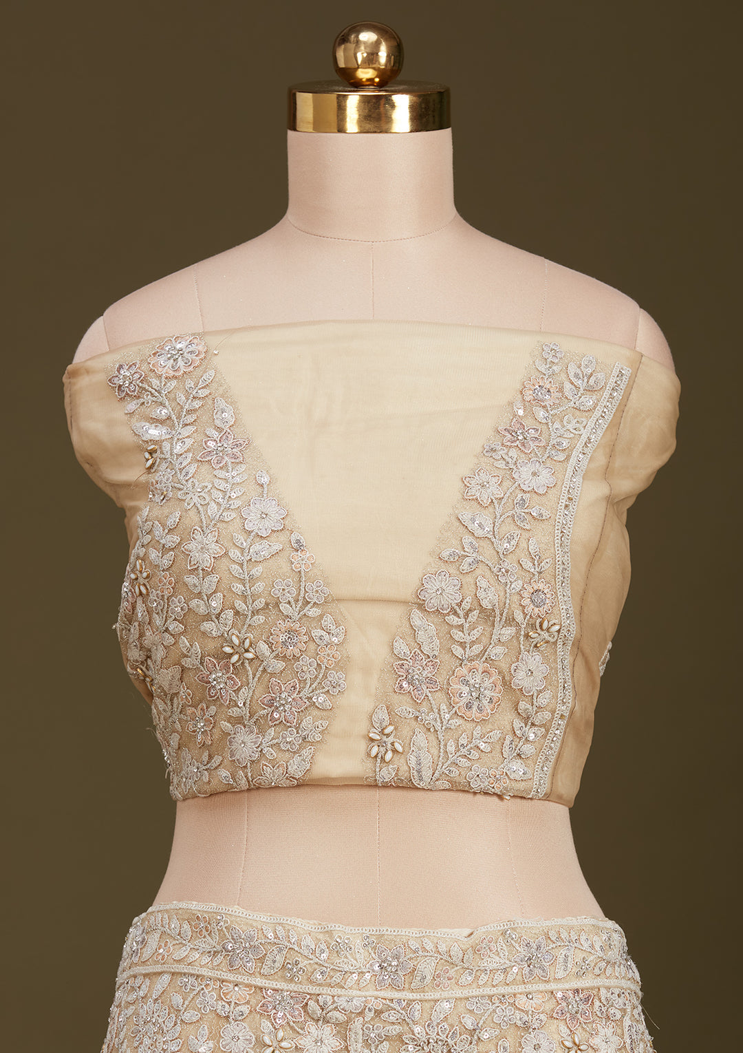 Cream Sequins Net Readymade Lehenga