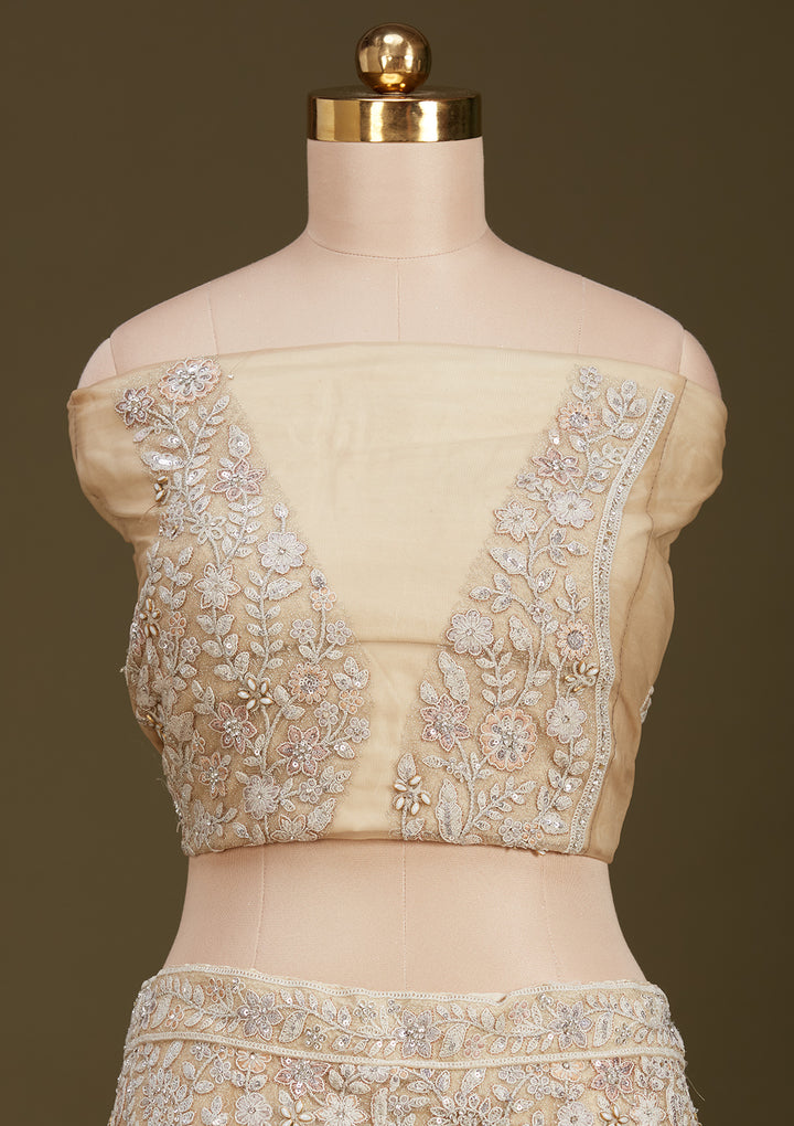 Cream Sequins Net Readymade Lehenga
