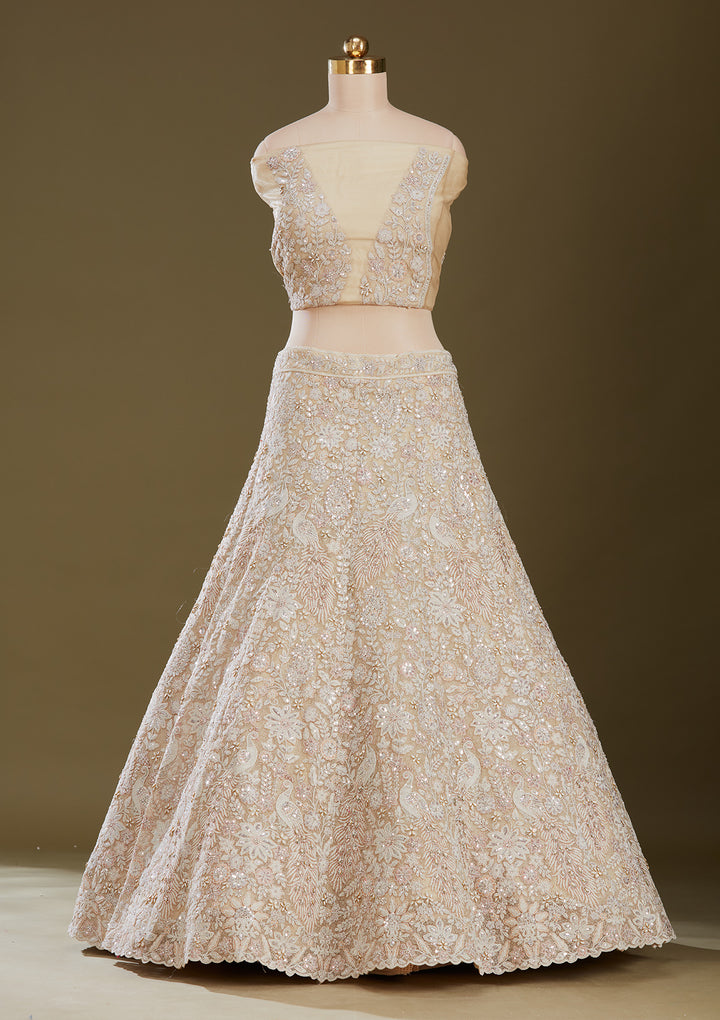 Cream Sequins Net Readymade Lehenga