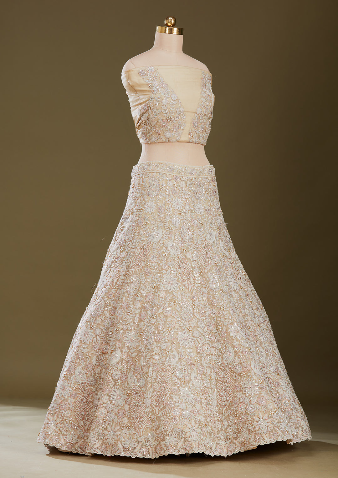 Cream Sequins Net Readymade Lehenga