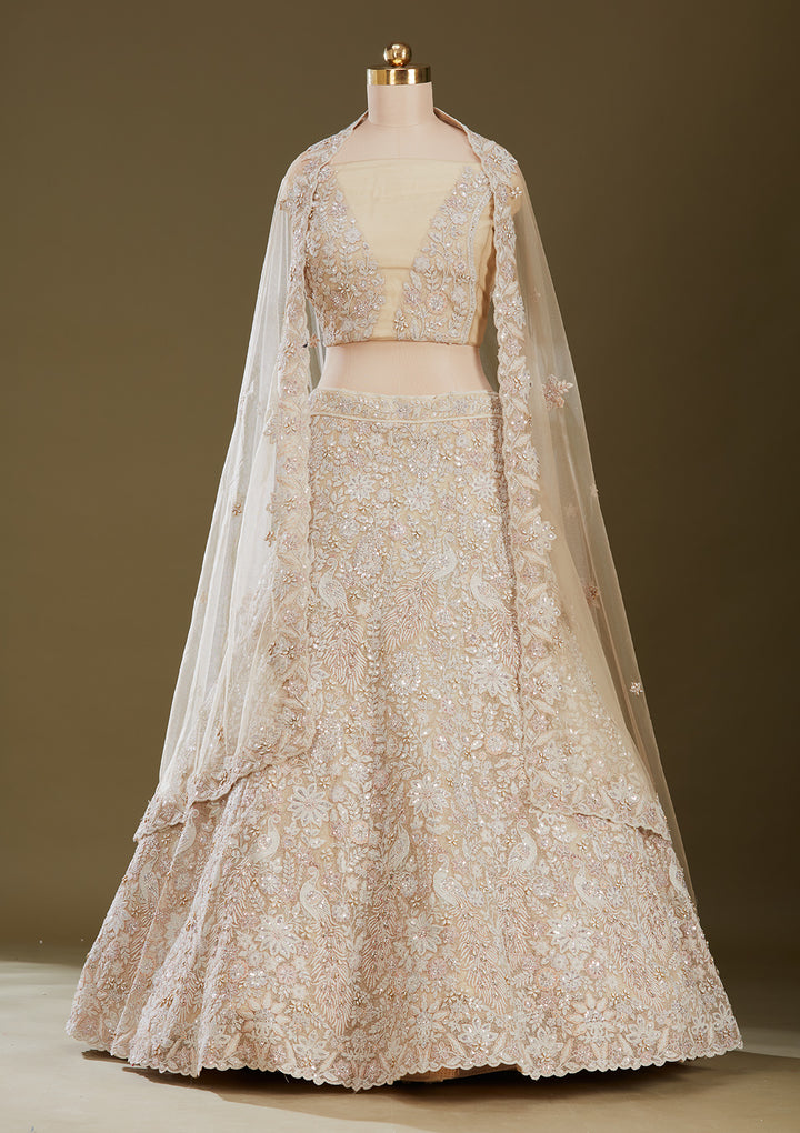Cream Sequins Net Readymade Lehenga