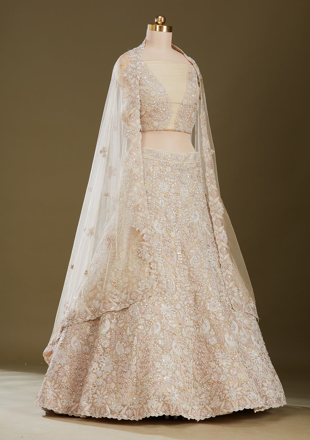 Cream Sequins Net Readymade Lehenga