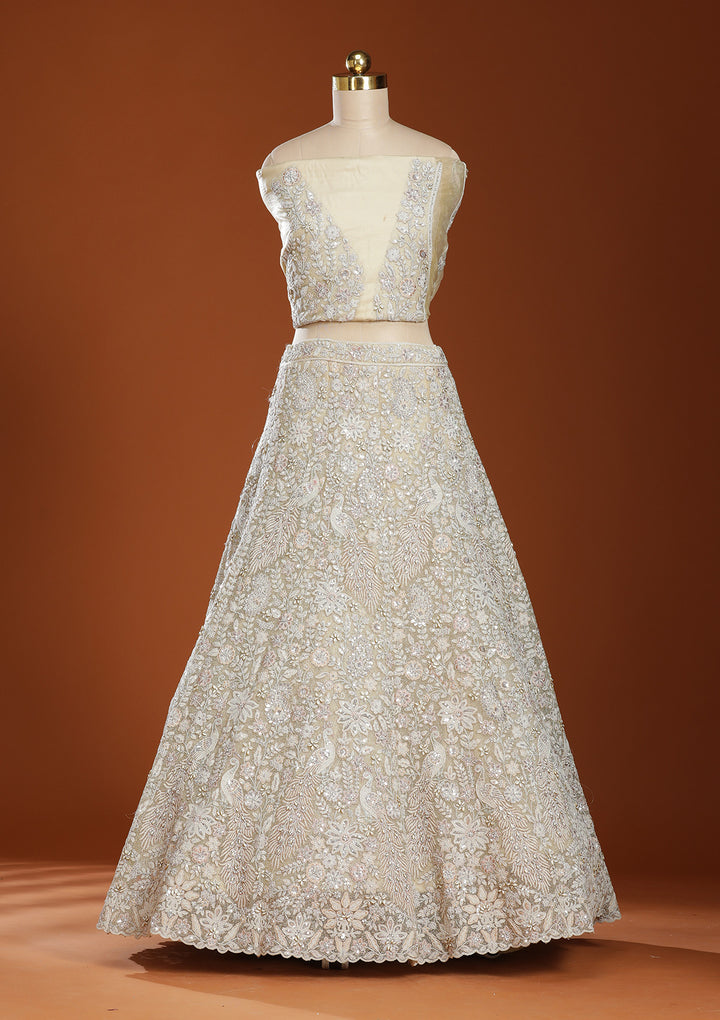 Off White Threadwork Net Semi-Stitched Lehenga