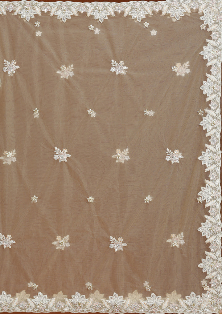 Off White Threadwork Net Semi-Stitched Lehenga