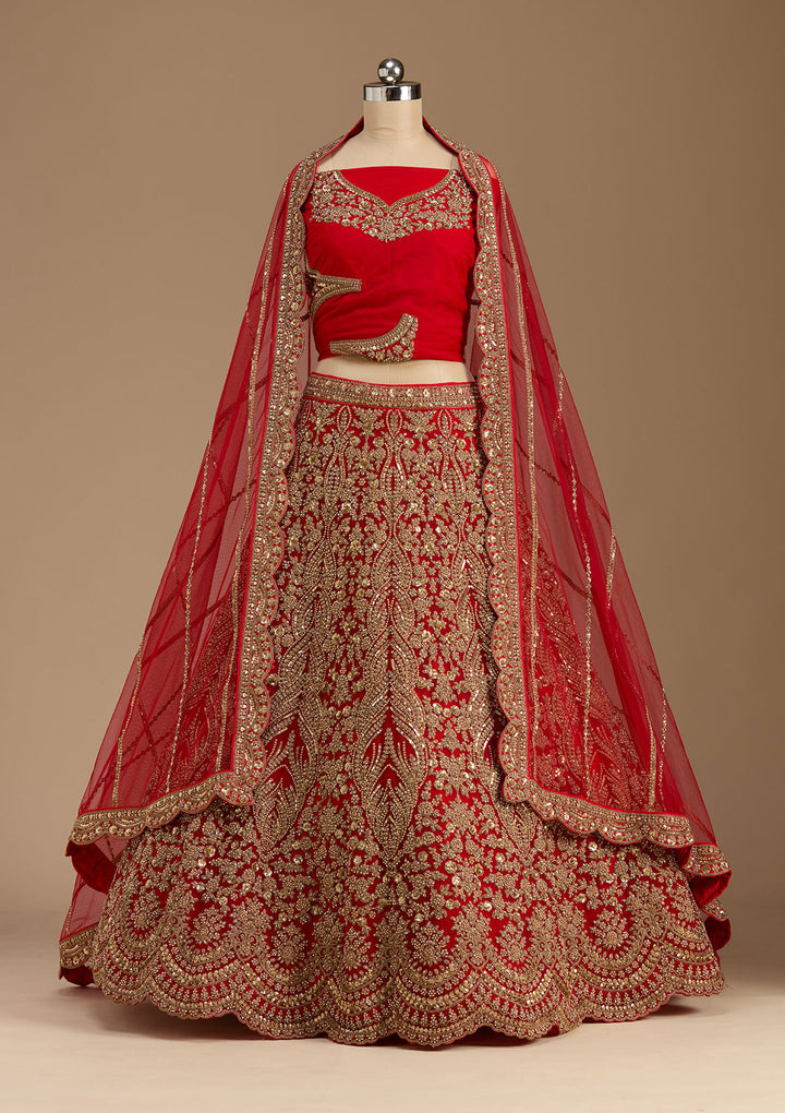 Red Cutdana Net Semi-Stitched Lehenga