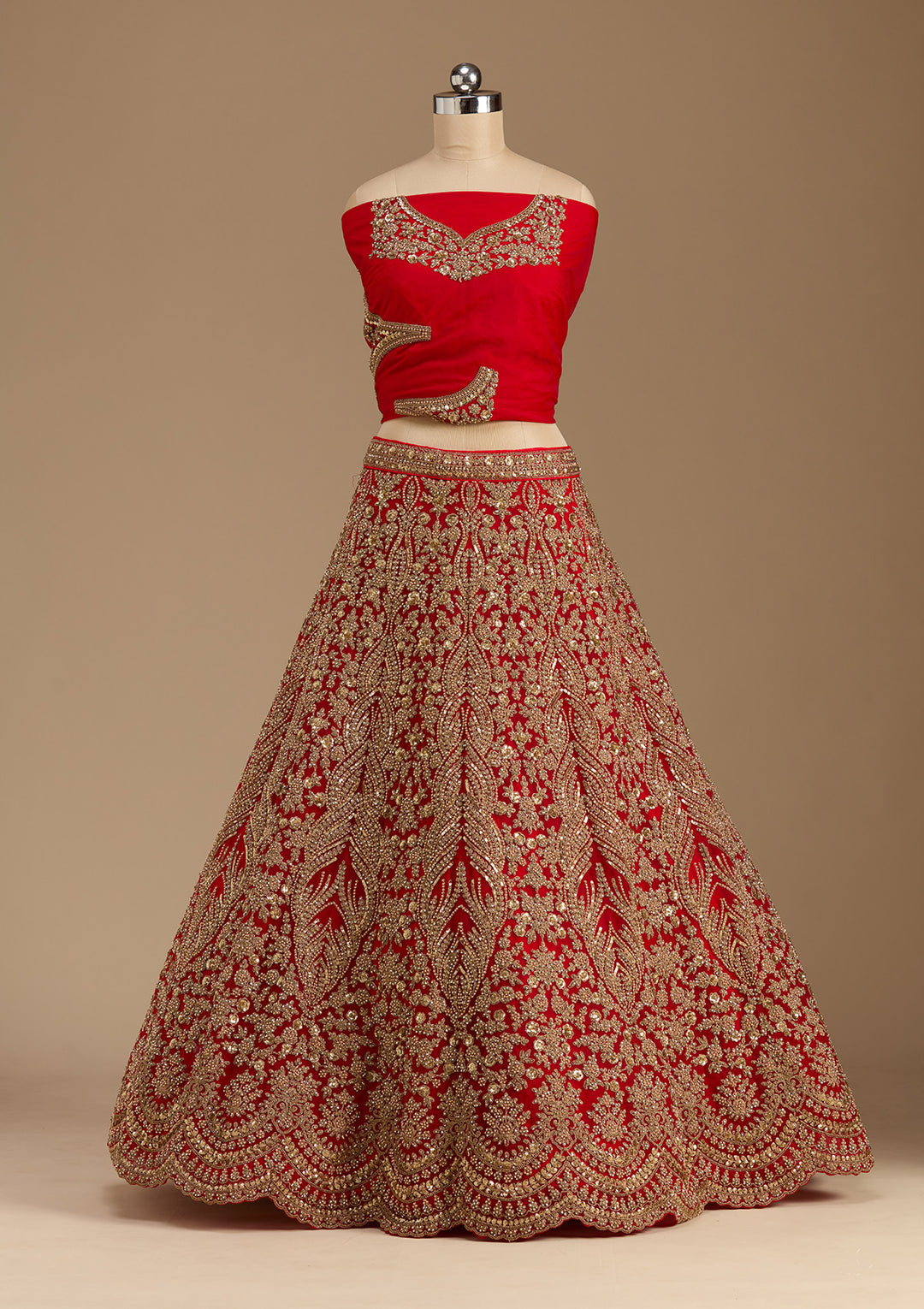 Red Cutdana Net Semi-Stitched Lehenga