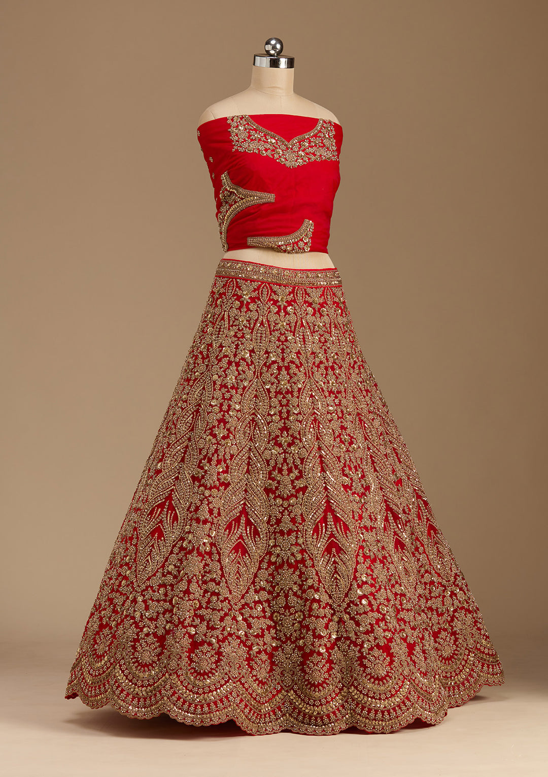 Red Cutdana Net Semi-Stitched Lehenga
