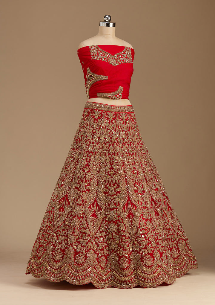 Red Cutdana Net Semi-Stitched Lehenga