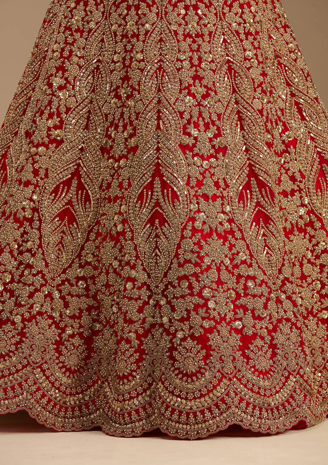 Red Cutdana Net Semi-Stitched Lehenga