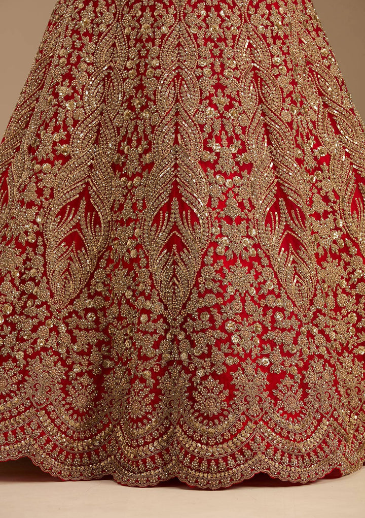 Red Cutdana Net Semi-Stitched Lehenga