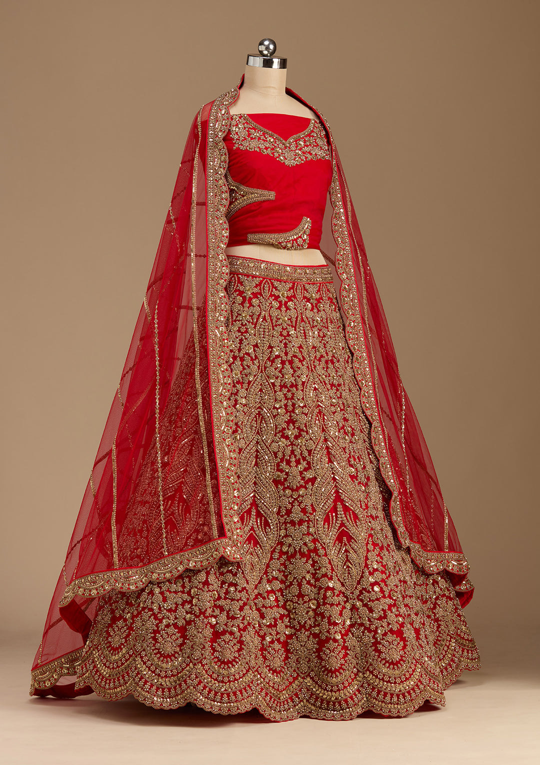 Red Cutdana Net Semi-Stitched Lehenga