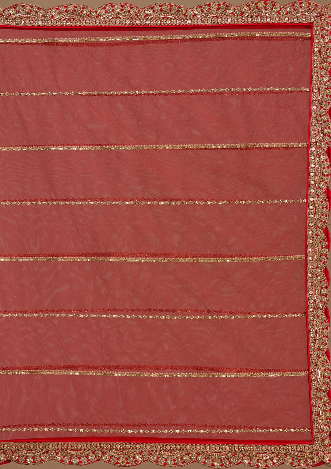 Red Cutdana Net Semi-Stitched Lehenga