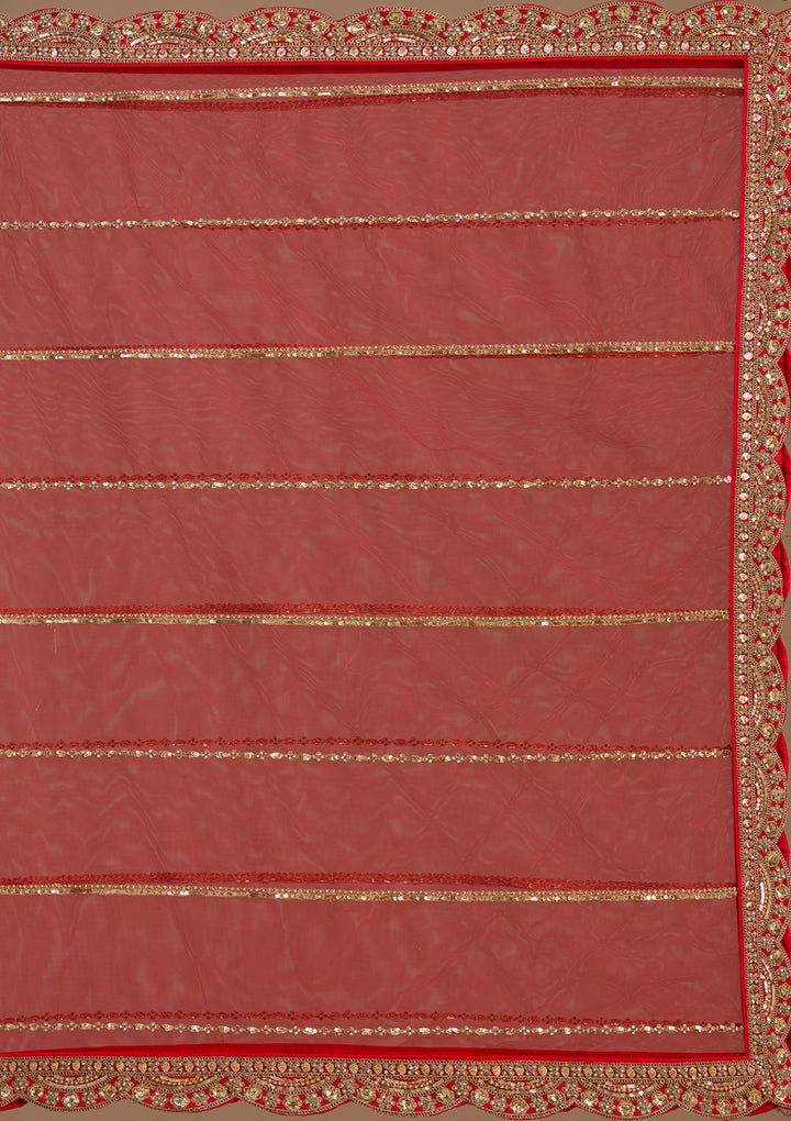 Red Cutdana Net Semi-Stitched Lehenga