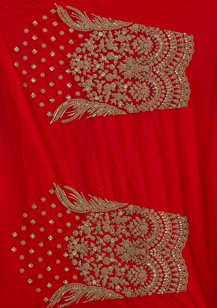 Red Cutdana Net Semi-Stitched Lehenga