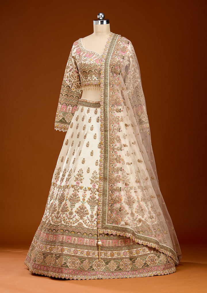 Off White Threadwork Raw Silk Readymade Lehenga