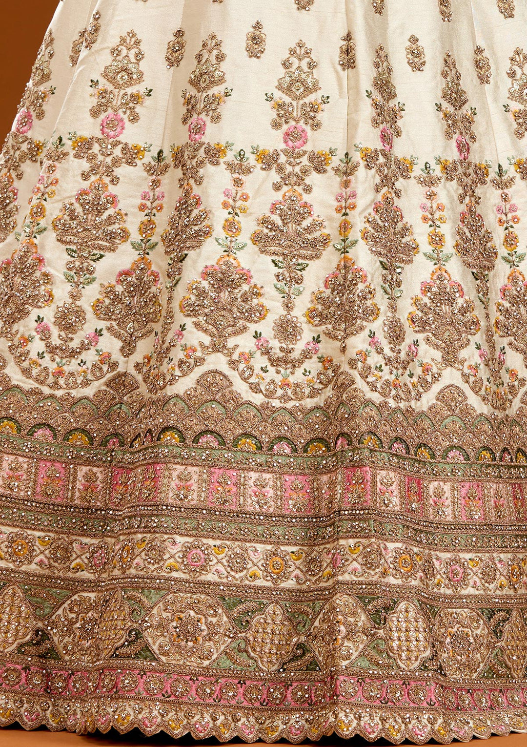 Off White Threadwork Raw Silk Readymade Lehenga