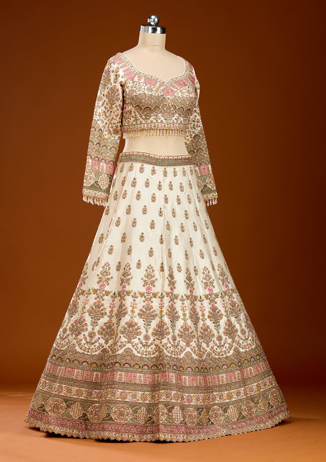 Off White Threadwork Raw Silk Readymade Lehenga