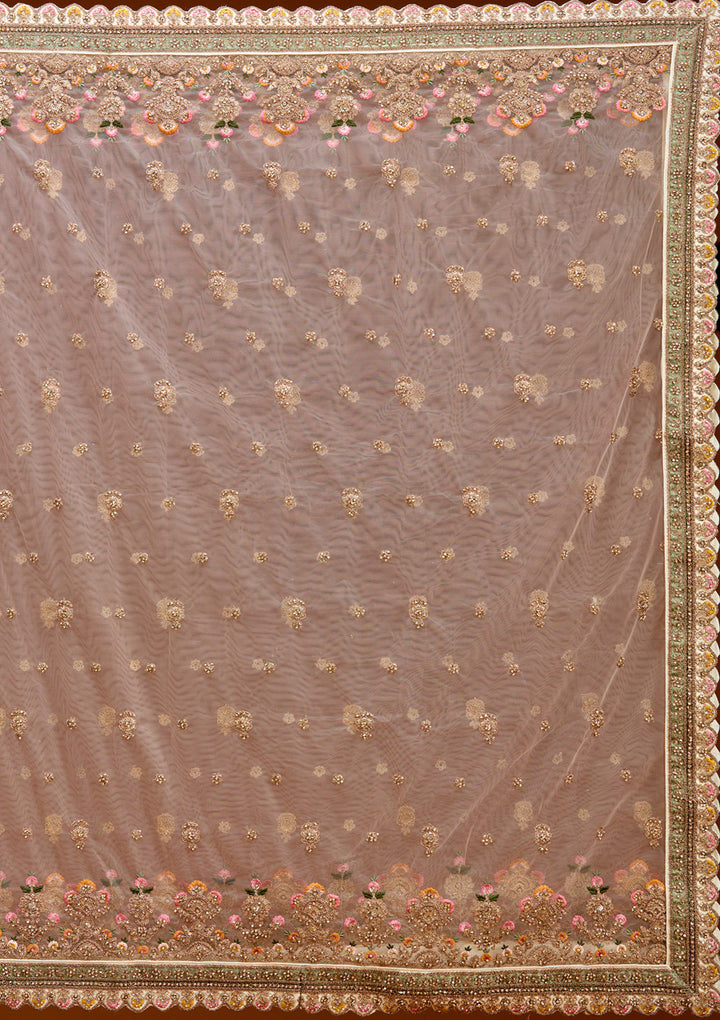 Off White Threadwork Raw Silk Readymade Lehenga