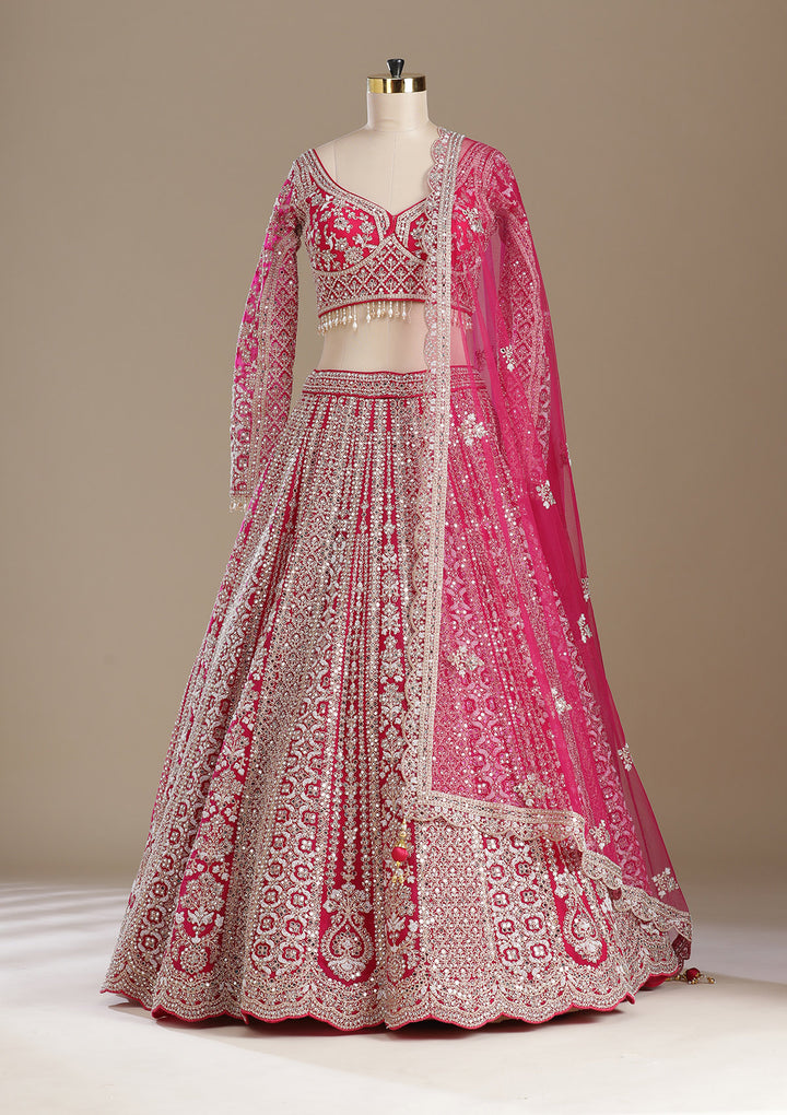 Rani Pink Mirrorwork Net Readymade Lehenga