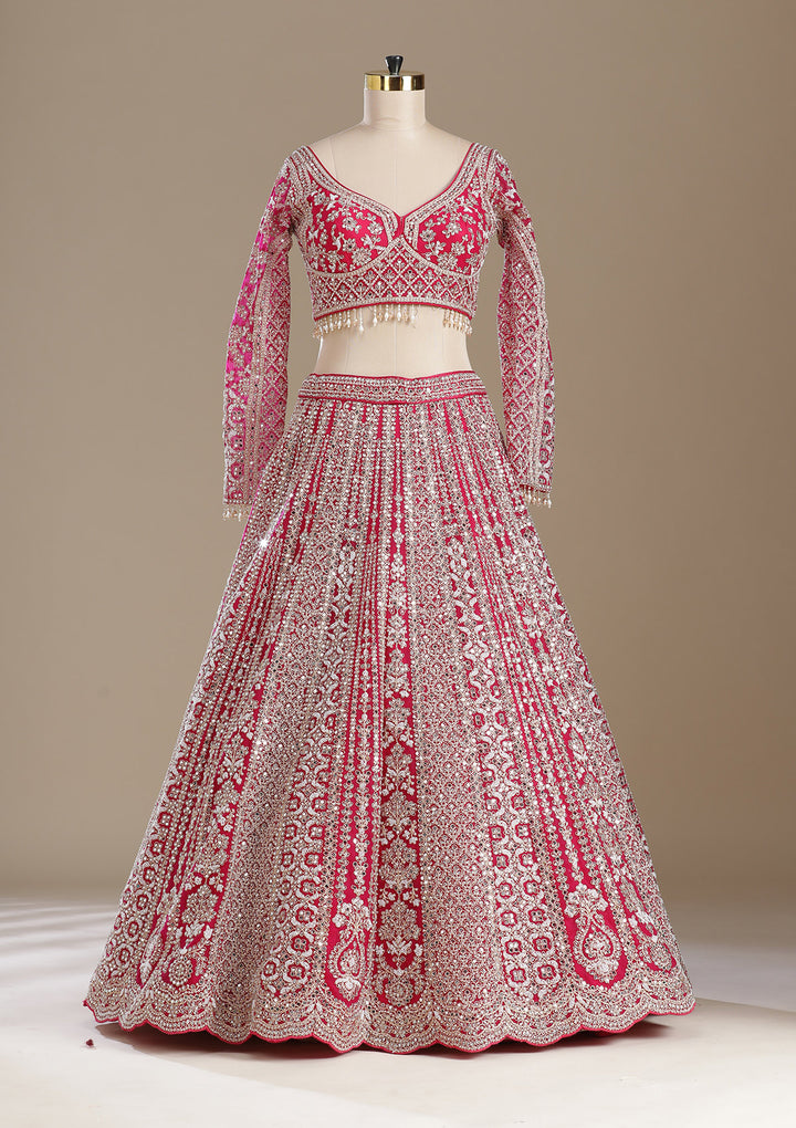 Rani Pink Mirrorwork Net Readymade Lehenga
