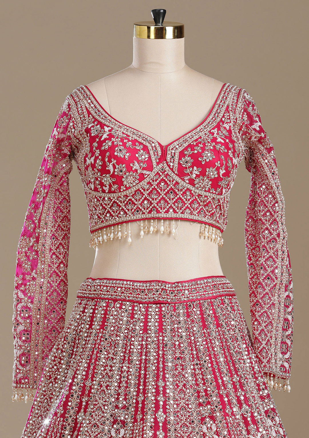 Rani Pink Mirrorwork Net Readymade Lehenga