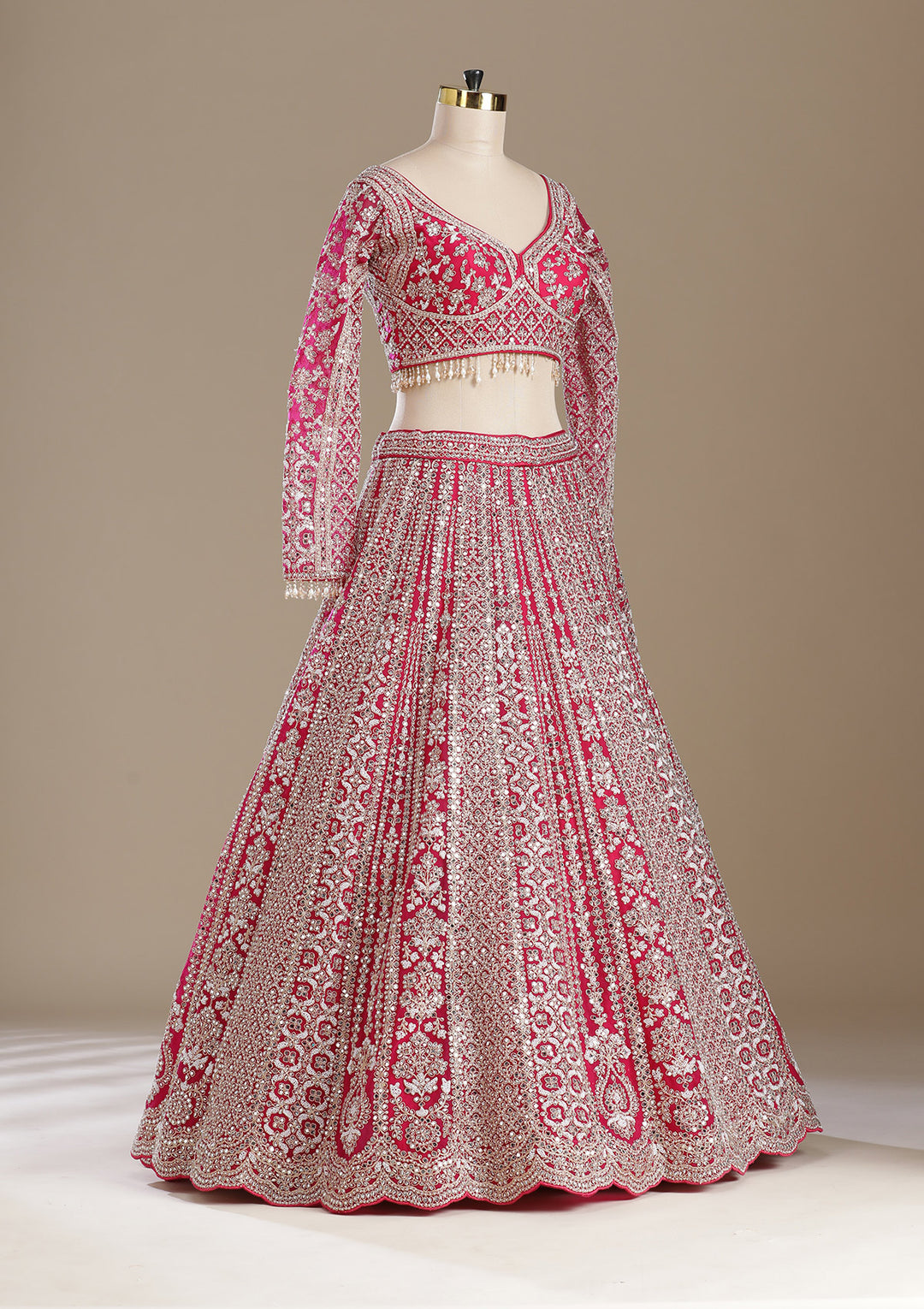 Rani Pink Mirrorwork Net Readymade Lehenga