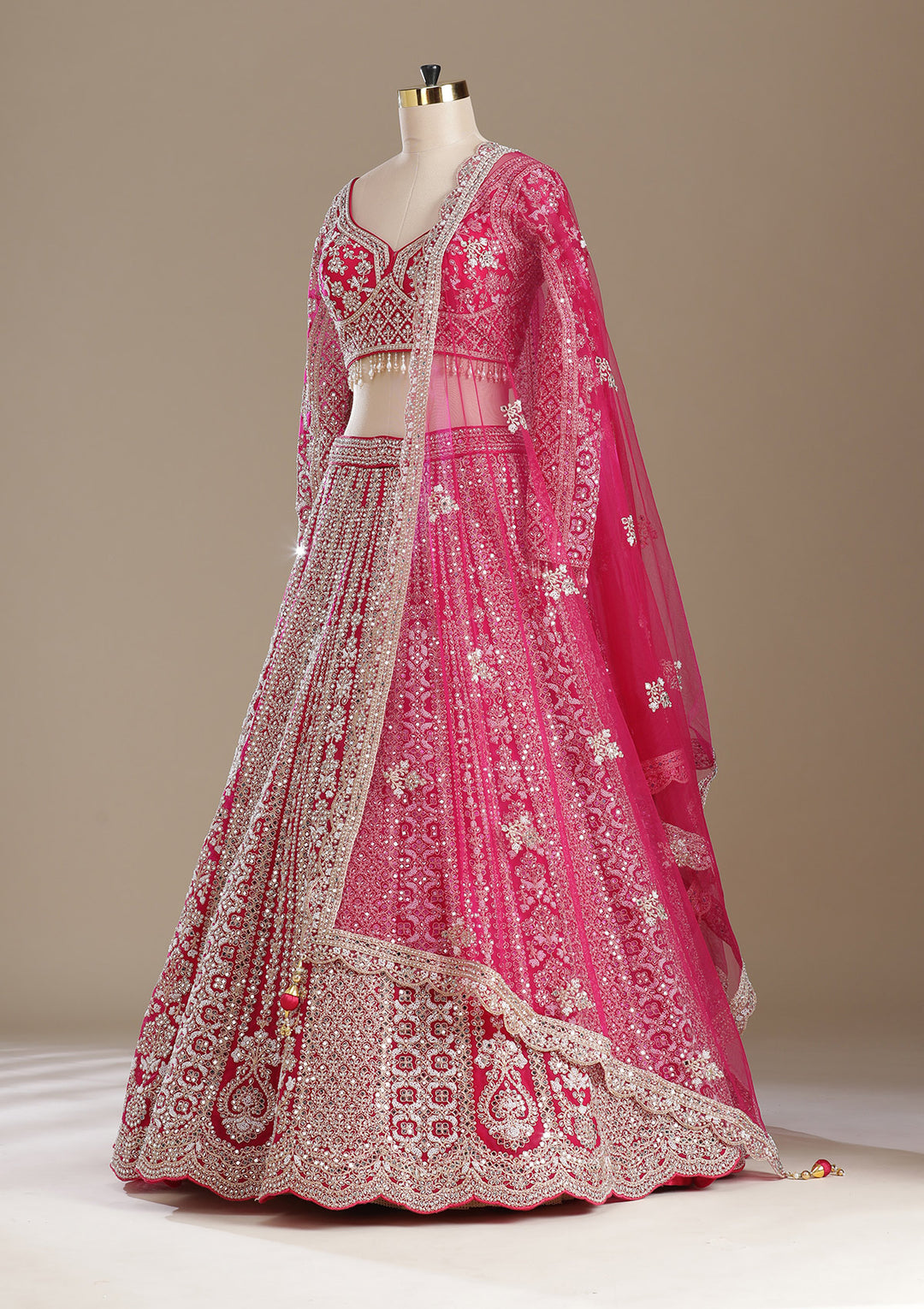 Rani Pink Mirrorwork Net Readymade Lehenga