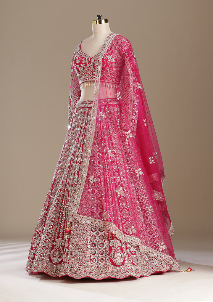 Rani Pink Mirrorwork Net Readymade Lehenga