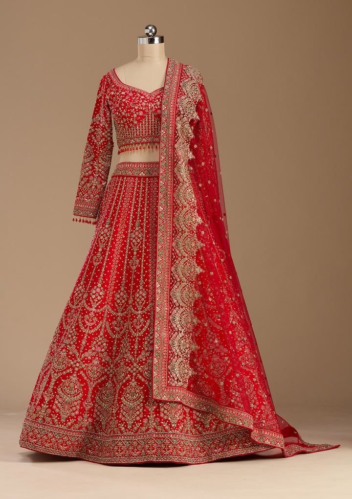 Red Stonework (Gold) Raw Silk Readymade Lehenga
