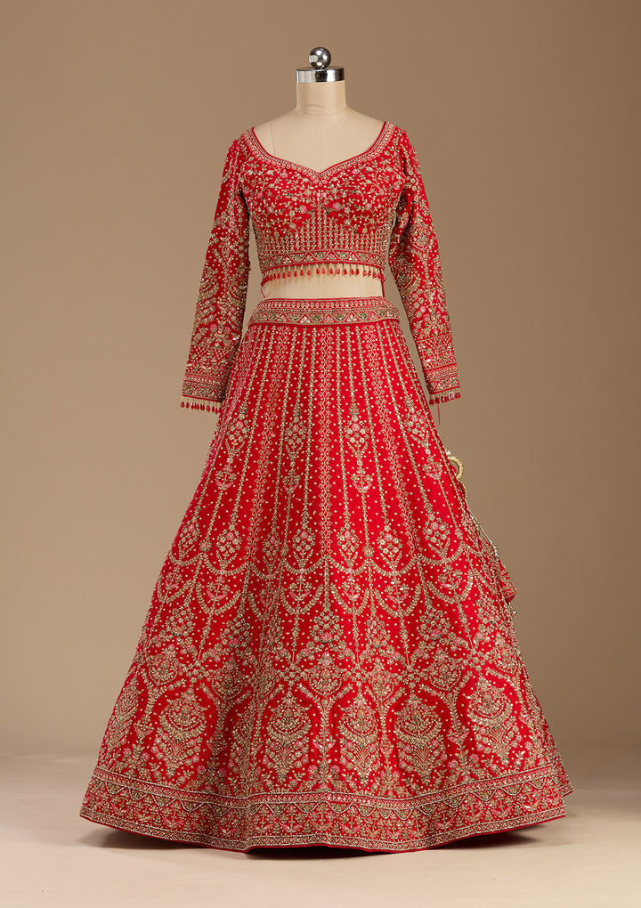 Red Stonework (Gold) Raw Silk Readymade Lehenga