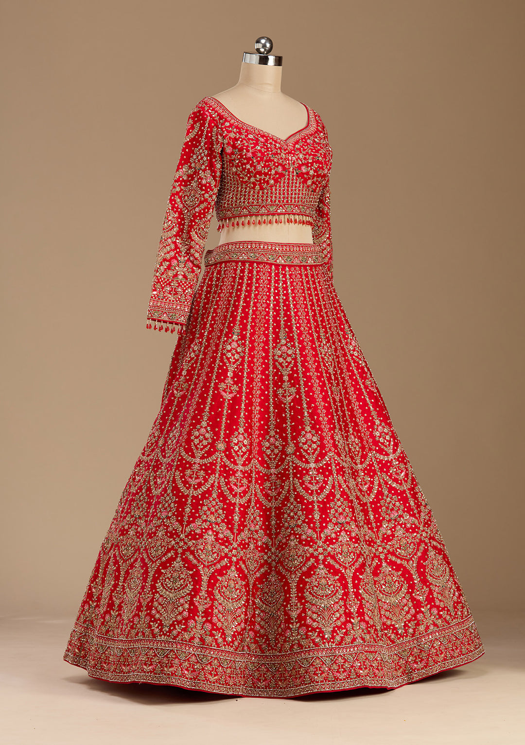 Red Stonework (Gold) Raw Silk Readymade Lehenga